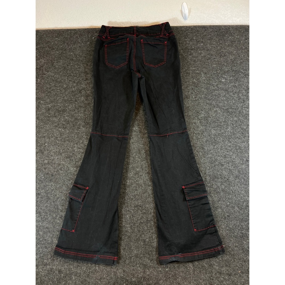 Hot Topic Black Red Contrast Stitch Flare Cargo Pants Mall Goth Y2K Trousers - Picture 3 of 8